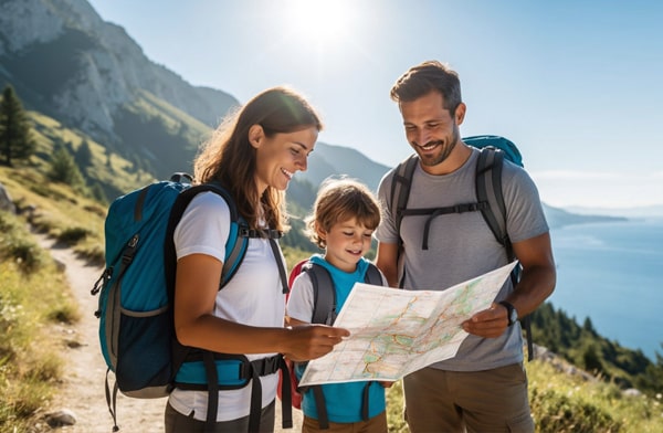 Трое путешественников смотрят карту маршрута и логотип центра EveronVax